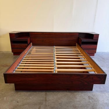 Danish Mid Century Modern Rosewood Queen Platform Bed with Floating Nightstands 1960s 