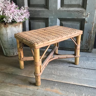 French Cane Foot Stool, Bench, Faux Bamboo, Small Seat, Rustic Country Cottage Farmhouse, Vintage 