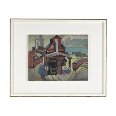 Antique WPA 1912 Oil Painting of Shipping Yard by Frank Culman