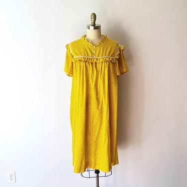 Vintage Sears Hawaii Muumuu Dress Yellow Floral Ruffle Pockets Cotton Ditsy 