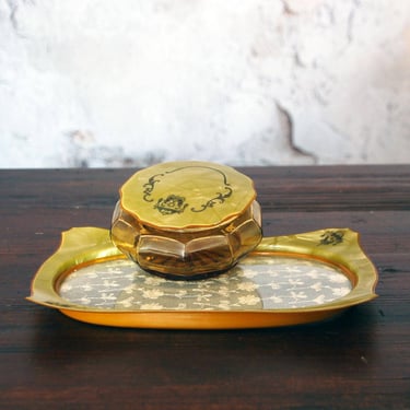 Vintage celluloid vanity tray & matching vanity jar  / Art Nouveau dresser tray with lace / shabby chic / cottage decor / brocante 