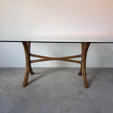 Vintage Coastal Organic McGuire - Style Rattan and Leather Dining Table with Glass Top 
