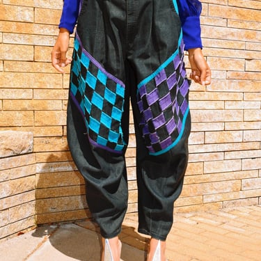 HAREM PANTS Vintage 90s Raver Skater LOCAL Checker Denim Pants Jeans Baggy 