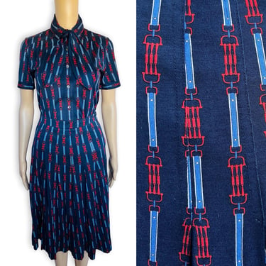 Vintage CÉLINE 1970's Equestrian Print Cotton Dress Set - Two Piece Blouse & Skirt Suit Set - Made in Italy - size Small / 38 