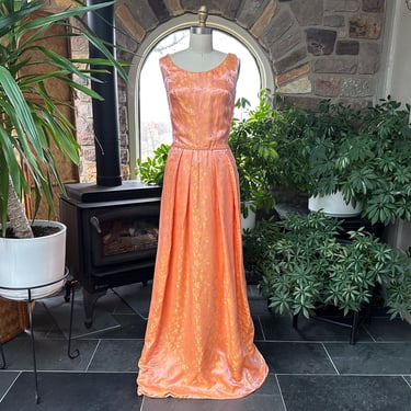 Vintage 1960s Peach Coral and Gold Brocade Maxi Evening Dress 
