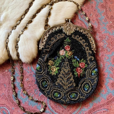 1990s CHRISTINA Victorian Style Micro Beaded Floral Purse / Vintage Designer Silk Evening Bag / Antique Style / Glamorous and Romantic 