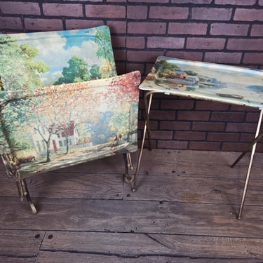 Set of 4 White/Cream Fiberglass Landscape TV Trays with Storage Rack 