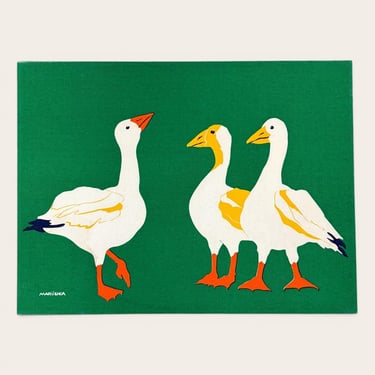 Vintage Marushka Screenprint 1970s Retro Size 18x24 Contemporary + American Pekin + White Ducks + Green Fabric Background + Wall Art + Decor 