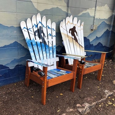 Set of 2 - Skier Mural Ski Chair chairs, Several Base Options, Unique Gift Idea, customizable, Porch Chairs 