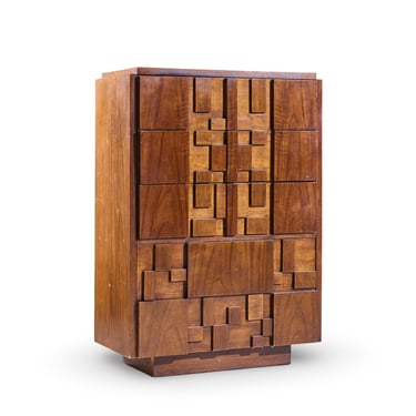 Lane Staccato Brutalist Mid Century Walnut Highboy Dresser - mcm 