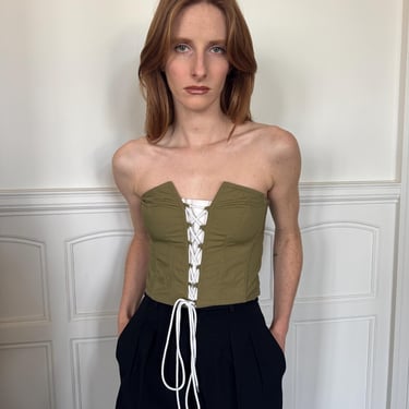 1980s Chantal Thomass khaki cotton bustier, white cord lace up front / extra small - small 