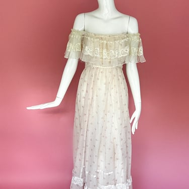 1970s Gunne Sax Pink Floral Off the Shoulder Maxi Dress 