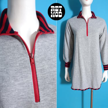 Cool Vintage 60s 70s Heather Gray Mini Dress with Red Navy Stripe Trim 