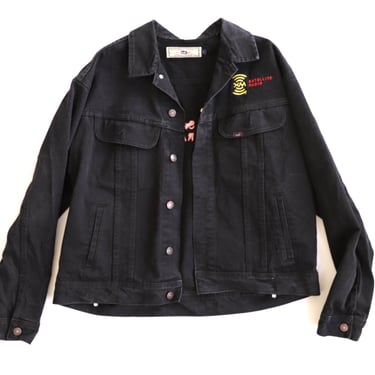 vintage BLACK jean jacket DENIM slouchy oversize XM radio jacket coat -- size large -- Free Shipping U.S.A 