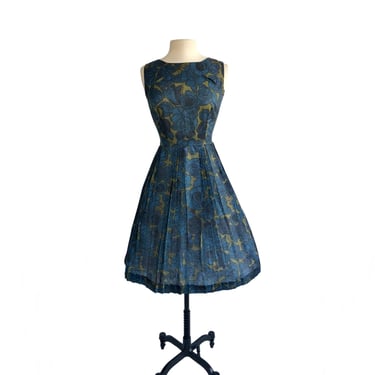 Vintage 60s Blue and Olive Pleated Fit & Flare Floral Dress with Roses 