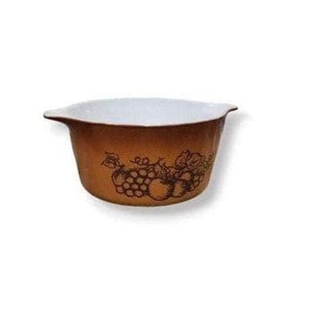 Vintage Pyrex Old Orchard Casserole Dish 473, Brown Fruit Motif Glass Bakeware 1970s 