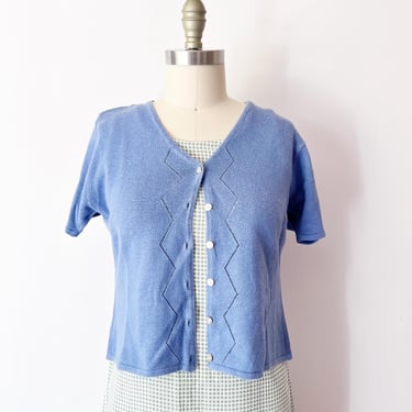 SIZE S/M 1990s Cornflower Blue Knit Cardigan / Cotton Ramie Short Sleeve Sweater - Cropped - Monica Geller, Rachel Green Style 