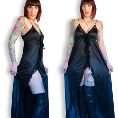 Vintage 80s 90s Black Nylon Lace Sexy Gothic Pin Up Femme Fatale Vixen High Low Slip Dress - size Small Medium Large 