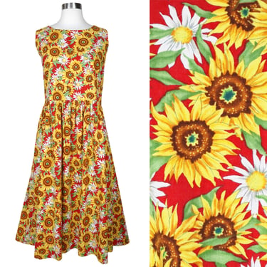 Vintage 90s Sunflower Daisy Floral Print Dress Grunge POCKETS Teacher Pinafore Jumper Yellow Red Cotton Sleeveless Casual XXL 1X Plus Volup 