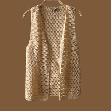 Vintage 70s Crochet Knit Sweater Vest : Cream Knit, Size Estimate XS/S 
