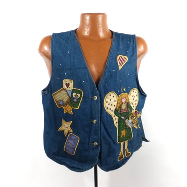 Ugly Christmas Sweater Vintage Cardigan Vest Holiday Tacky Denim Angel Women's size L 