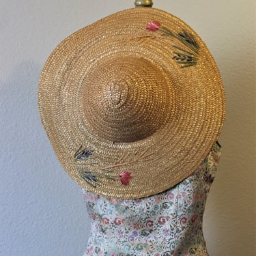 Vintage 1950s Summer Straw Hat Large Brim sun hat  Made in ITALY with embroidered flowers 