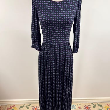 Black and Purple Floral Print Midi-Dress by Lanz - 1980s 