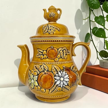 Vintage Apco Teapot Cookie Jar Retro 1960s Mid Century Modern + Mustard Yellow + Fruit/Flower Motif + MCM Kitchen Storage + Made in Japan 