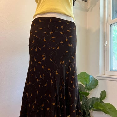 Vintage 90s Chocolate Brown Wool Blend Leaf Print Midi Skirt Size 2X Jones NY 