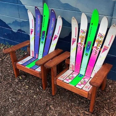 Set of 2 - Kids Adirondack Ski Chairs,  Request your favorite colors or ski brands, Customized Chairs, Recycled Ski Wooden Chair, Deck 