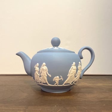 Vintage Wedgwood Jasperware Style Blue Teapot with Neoclassical Motifs by Jaston 