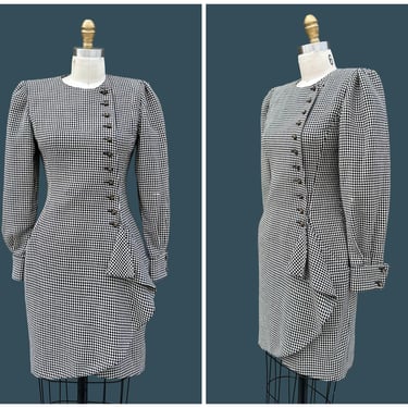EMANUEL UNGARO Parallèle Paris Vintage 80s Houndstooth Dress | Wool Black & White Checker Print | 1980s Designer, Made in Italy | Size Small 