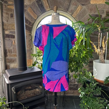 Vintage 1980s Blue Pink Tropical Leaf Cap Sleeve Silk Tunic Top Flora Kung 