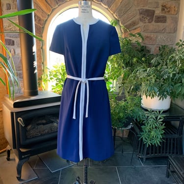 Vintage 1970s Textured Navy Blue and White Double Knit Dress, Vintage Seventies Clothing 