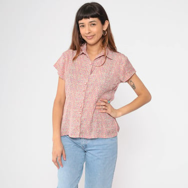 90s Geometric Shirt Pink Pastel Blouse Button Up Top 1990s Short Sleeve Vintage Retro 1990s Collared Lightweight Blouse Medium 38 