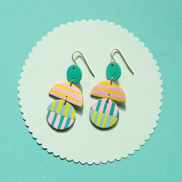 Candy Stripes Earrings in Greens + Pink - Hand Painted Stripes on Leather Scraps 