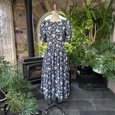 Vintage 1980s Laura Ashley Blue and Gray Floral Cotton Dress 