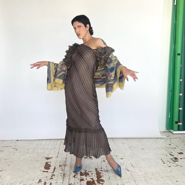 Vintage Judy Hornby Silk Chiffon One-Shoulder Gown – 1980s Ruffled Sleeve Evening Dress – Sheer Brown Striped Maxi Dress 