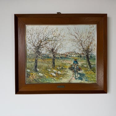 1960s Vintage B. Andreu Country Road Impressionist Landscape Oil on Canvas Painting, Framed 