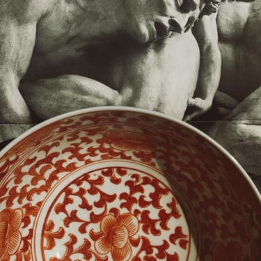 Vintage Large MidCentury Japanese Porcelain Floral Bowl; Orange and White Chinoiserie 