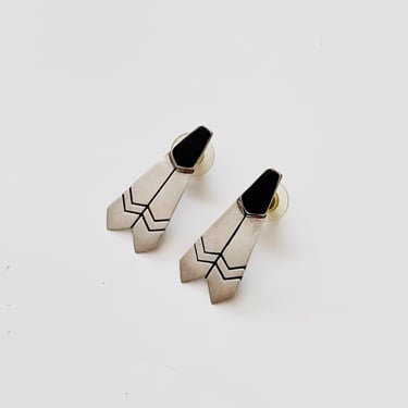 Vintage 80's Silver and Black Enamel Post Earrings Modern Minimalist Art Jewelry 