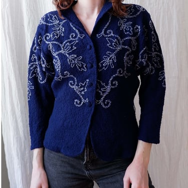 XS/Small | 40s 50s style navy textured cotton cardigan sweater with hand stitched applique detail 