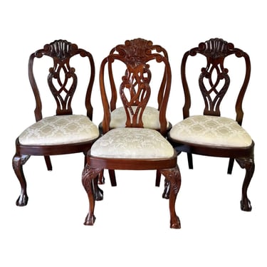 Late 20th Century Georgian Carved Rustic Mahogany Dining Chairs - Set of 4 