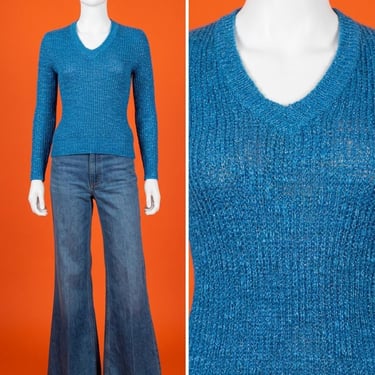 Vintage 1970s Blue Sparkle Lurex Knit V Neck Sweater Size XS/S 