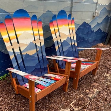 Set of 2 - Summer Alpenglow Sunset themed Mystic Mountain Mural Hybrid Ski and Snowboard Chairs, Several Base Options, Unique Gift 