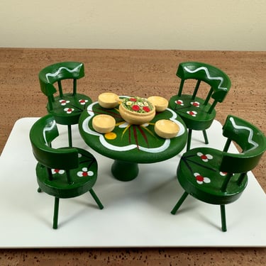 Vintage Wooden Dollhouse Furniture | Dining Table Chairs Salad Bowls 
