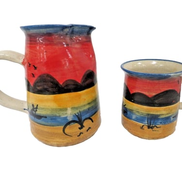Vintage Nkhotakota Pottery Malawi Pitcher and Mug Set Hand Painted African Art 