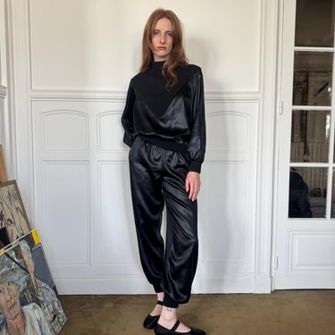 1980s Yves Saint Laurent Rive Gauche black satin and ribbed knit ensemble, tracksuit look, long sleeved top and pants / xs - small 