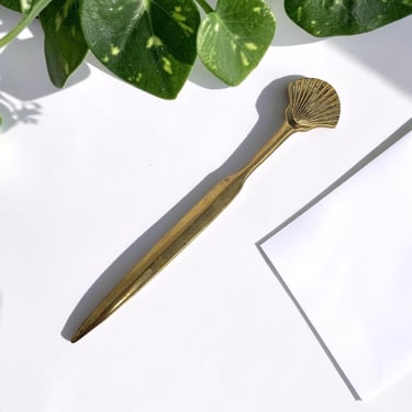 Vintage Letter Opener Retro 1960s Mid-century Modern + Shell Motif + Brass + Desk Accessory + Stationery/Office Supplies 
