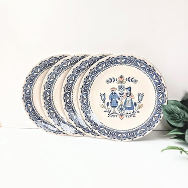 4 Johnson Bros Hearts & Flowers Blue Ironstone Dinner Plates/England Staffordshire Old Granite/1970s/Folk Art Country Cottage Core Farmhouse 